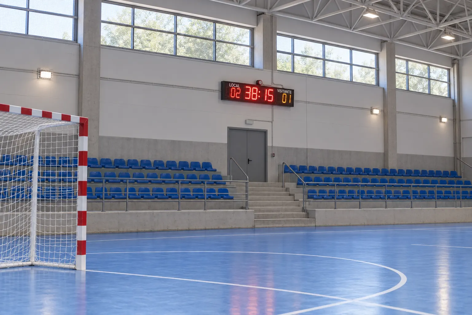 Reloj-tanteador lineal montado sobre la tribuna de una cancha de futsal