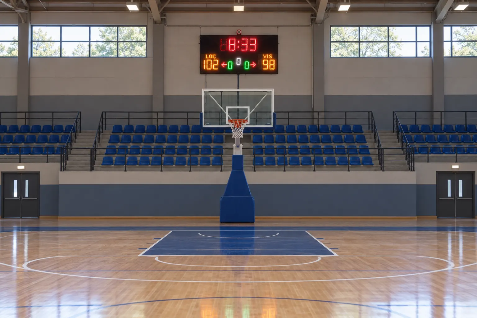Tablero de básquet sobre la tribuna de un estadio